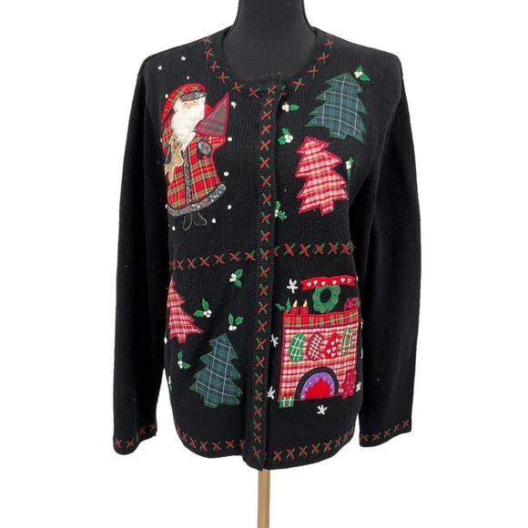 Vintage Stitches in Time Christmas Holiday Sweater Folk Art Country Santa Claus - Picture 1 of 6